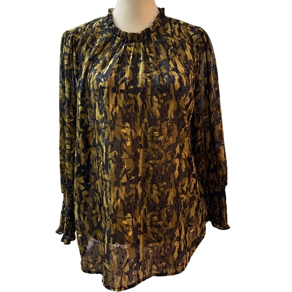Maison d’Amélie Paris Olive Abstract Print Ruffle Neck Long Sleeve Blouse, Large